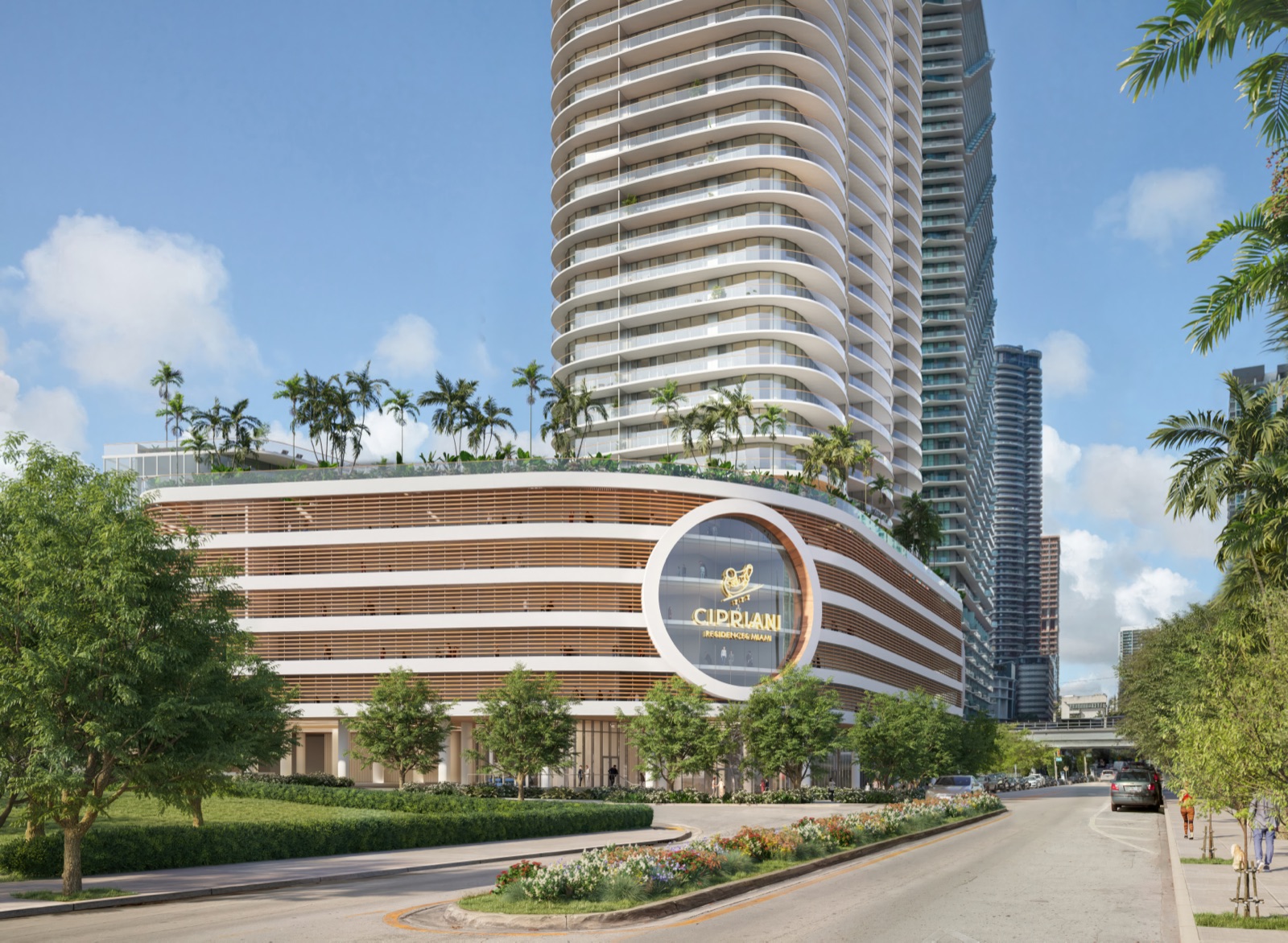 Cipriani Residences Miami — 80-story tower exterior with curved cascading glass façade.